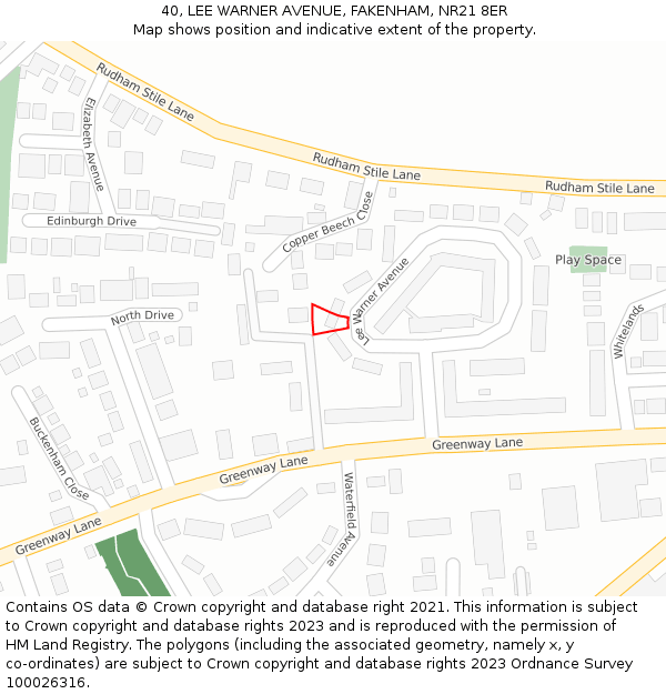 40, LEE WARNER AVENUE, FAKENHAM, NR21 8ER: Location map and indicative extent of plot