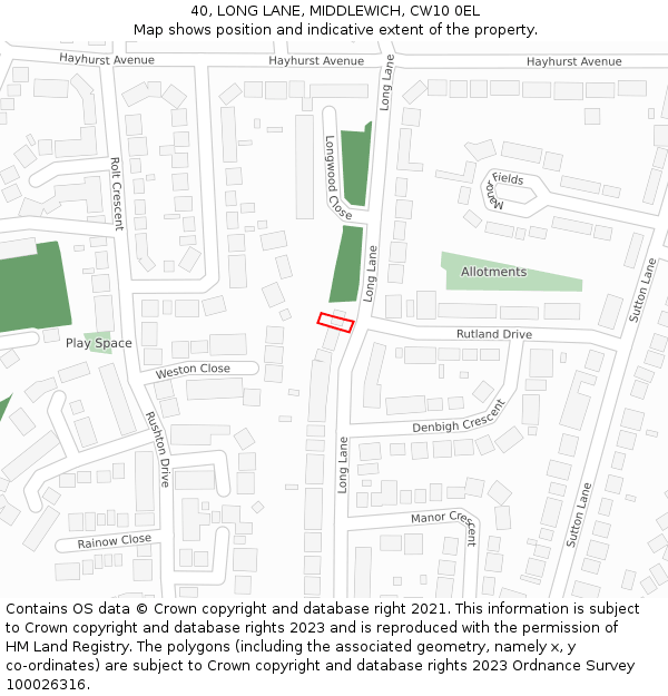 40, LONG LANE, MIDDLEWICH, CW10 0EL: Location map and indicative extent of plot