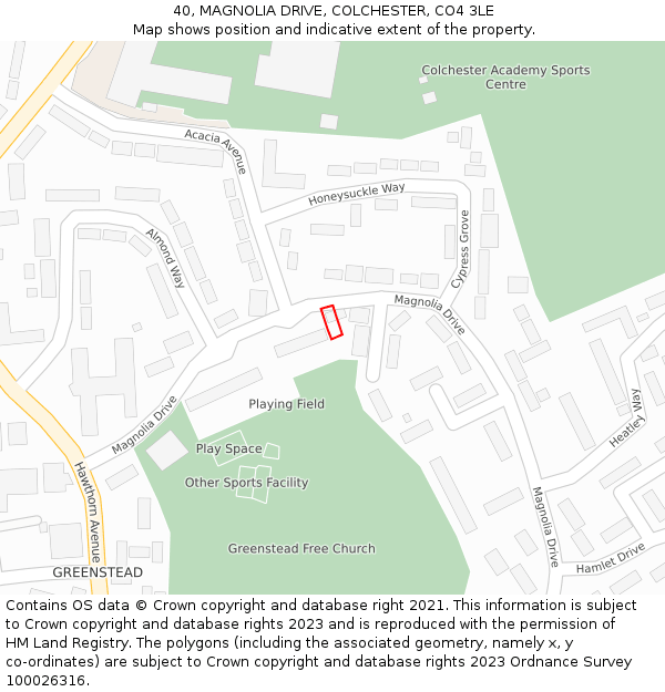 40, MAGNOLIA DRIVE, COLCHESTER, CO4 3LE: Location map and indicative extent of plot