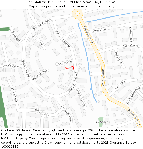 40, MARIGOLD CRESCENT, MELTON MOWBRAY, LE13 0FW: Location map and indicative extent of plot