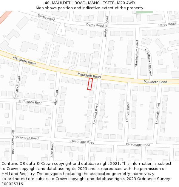40, MAULDETH ROAD, MANCHESTER, M20 4WD: Location map and indicative extent of plot