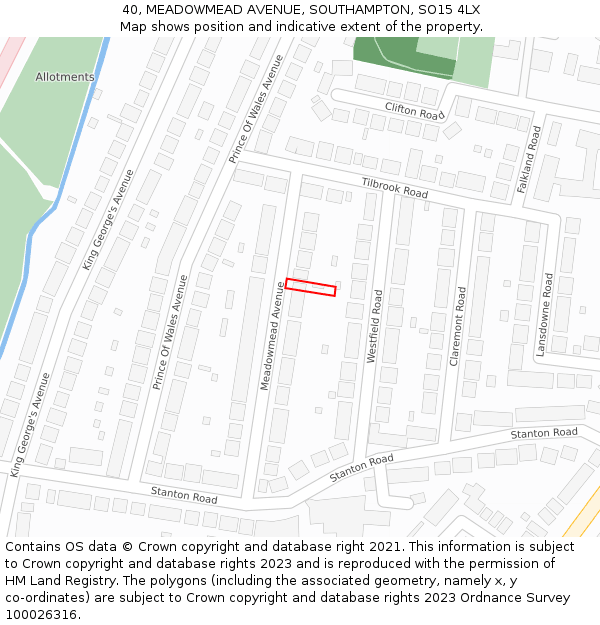 40, MEADOWMEAD AVENUE, SOUTHAMPTON, SO15 4LX: Location map and indicative extent of plot