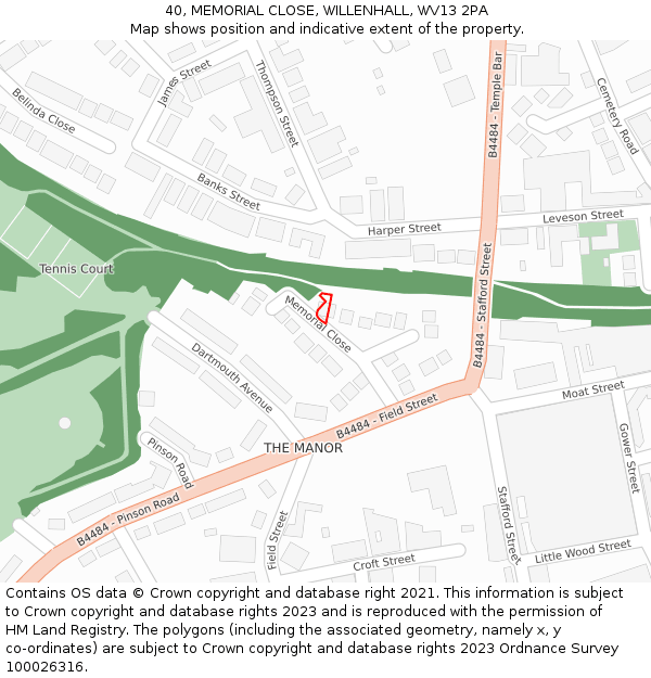 40, MEMORIAL CLOSE, WILLENHALL, WV13 2PA: Location map and indicative extent of plot