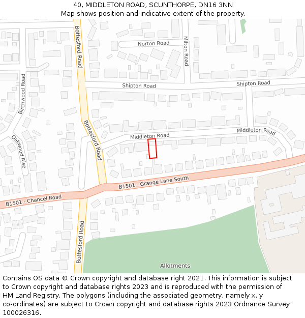 40, MIDDLETON ROAD, SCUNTHORPE, DN16 3NN: Location map and indicative extent of plot