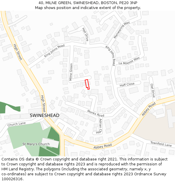 40, MILNE GREEN, SWINESHEAD, BOSTON, PE20 3NP: Location map and indicative extent of plot