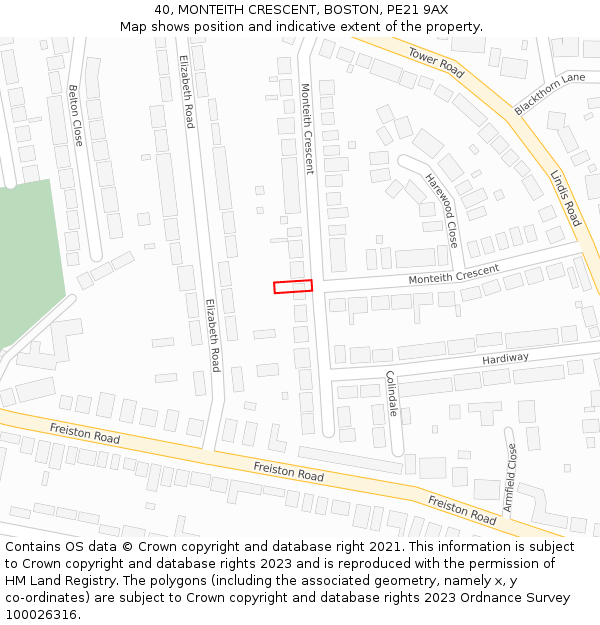 40, MONTEITH CRESCENT, BOSTON, PE21 9AX: Location map and indicative extent of plot
