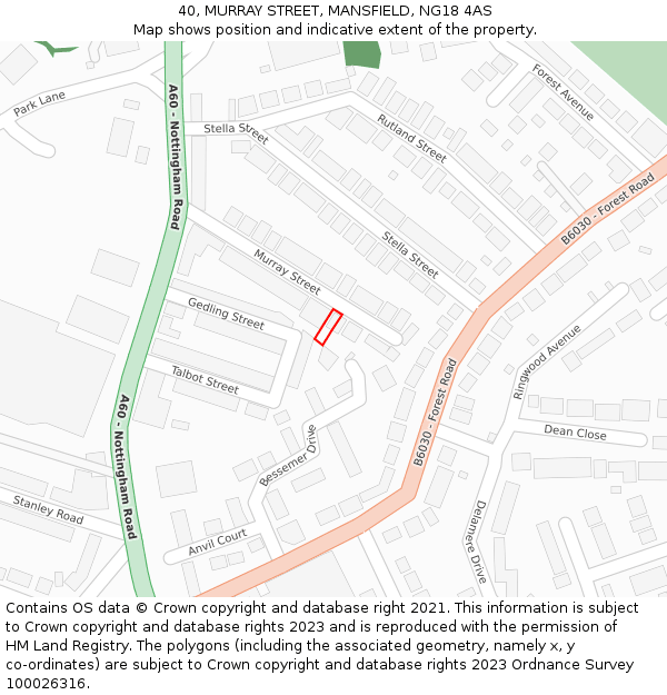40, MURRAY STREET, MANSFIELD, NG18 4AS: Location map and indicative extent of plot