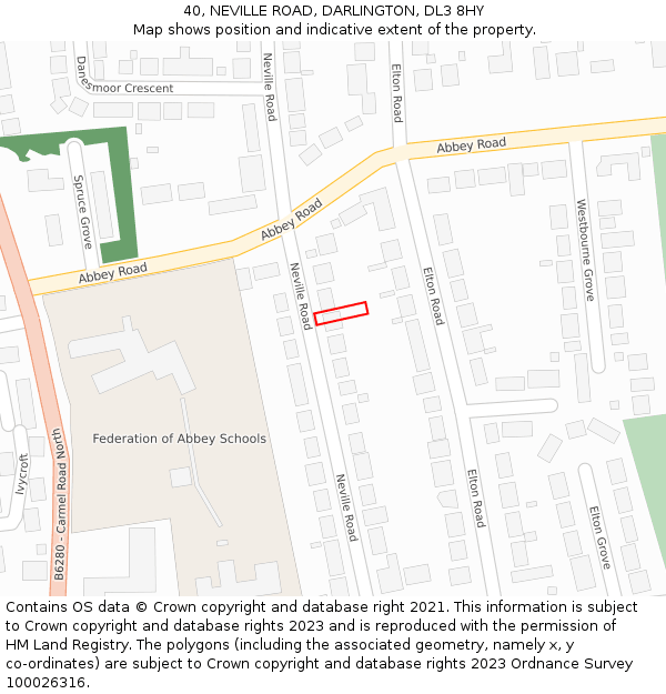 40, NEVILLE ROAD, DARLINGTON, DL3 8HY: Location map and indicative extent of plot