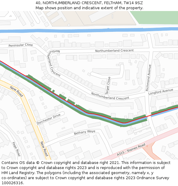 40, NORTHUMBERLAND CRESCENT, FELTHAM, TW14 9SZ: Location map and indicative extent of plot