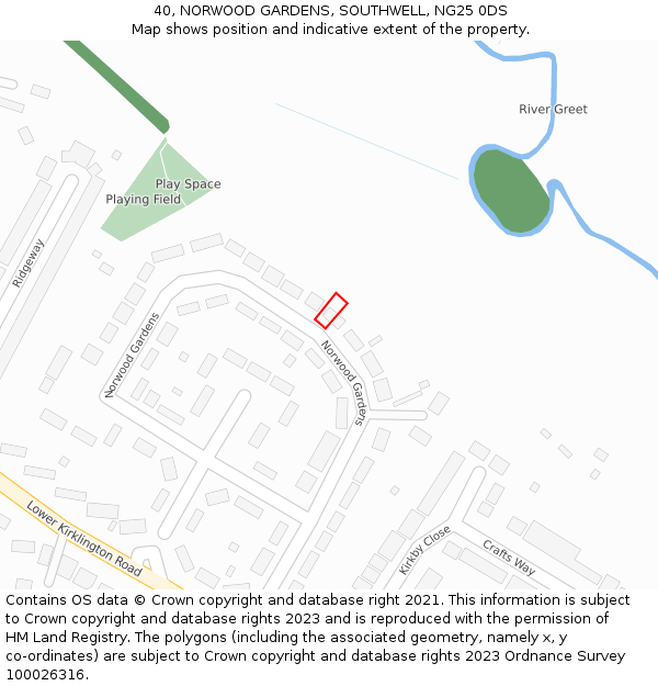 40, NORWOOD GARDENS, SOUTHWELL, NG25 0DS: Location map and indicative extent of plot
