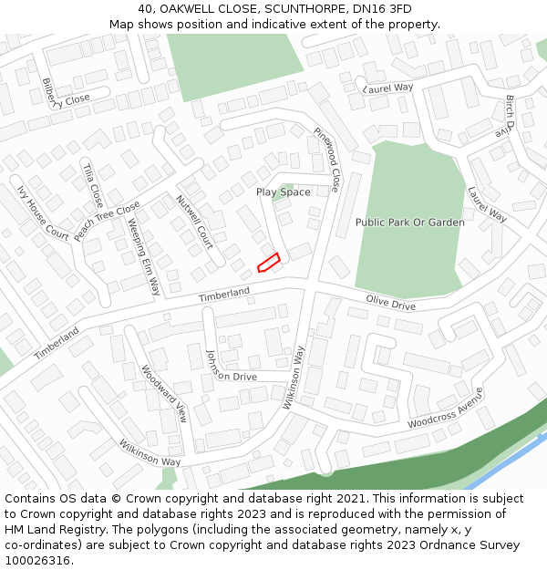 40, OAKWELL CLOSE, SCUNTHORPE, DN16 3FD: Location map and indicative extent of plot