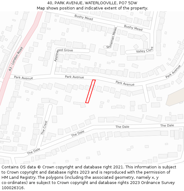 40, PARK AVENUE, WATERLOOVILLE, PO7 5DW: Location map and indicative extent of plot