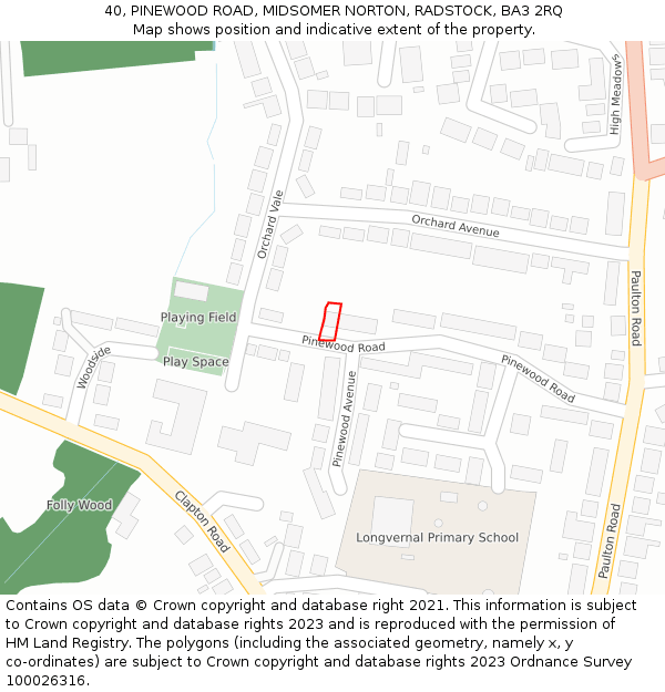 40, PINEWOOD ROAD, MIDSOMER NORTON, RADSTOCK, BA3 2RQ: Location map and indicative extent of plot