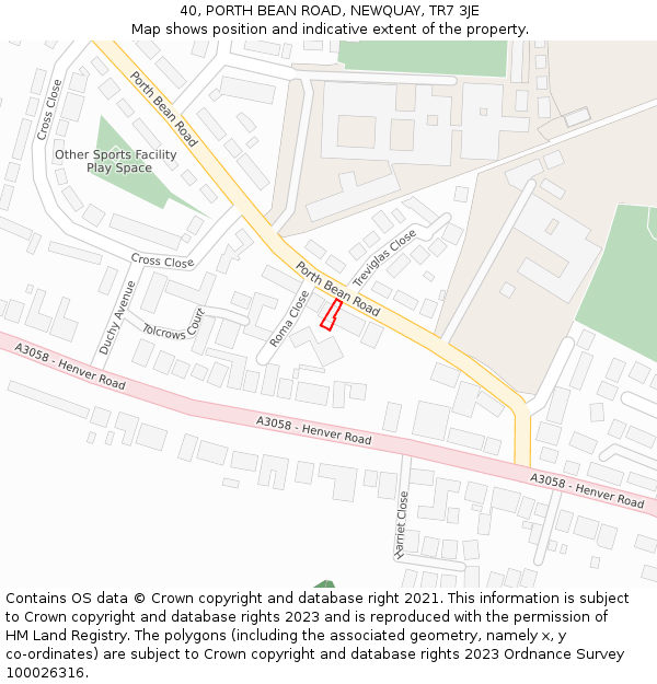 40, PORTH BEAN ROAD, NEWQUAY, TR7 3JE: Location map and indicative extent of plot