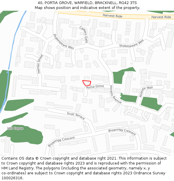 40, PORTIA GROVE, WARFIELD, BRACKNELL, RG42 3TS: Location map and indicative extent of plot