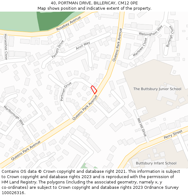 40, PORTMAN DRIVE, BILLERICAY, CM12 0PE: Location map and indicative extent of plot