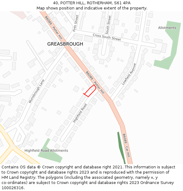 40, POTTER HILL, ROTHERHAM, S61 4PA: Location map and indicative extent of plot