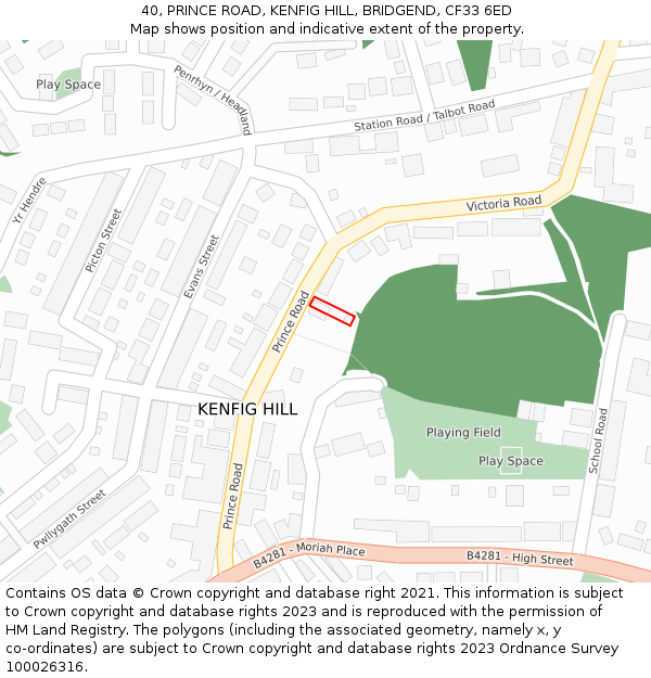 40, PRINCE ROAD, KENFIG HILL, BRIDGEND, CF33 6ED: Location map and indicative extent of plot