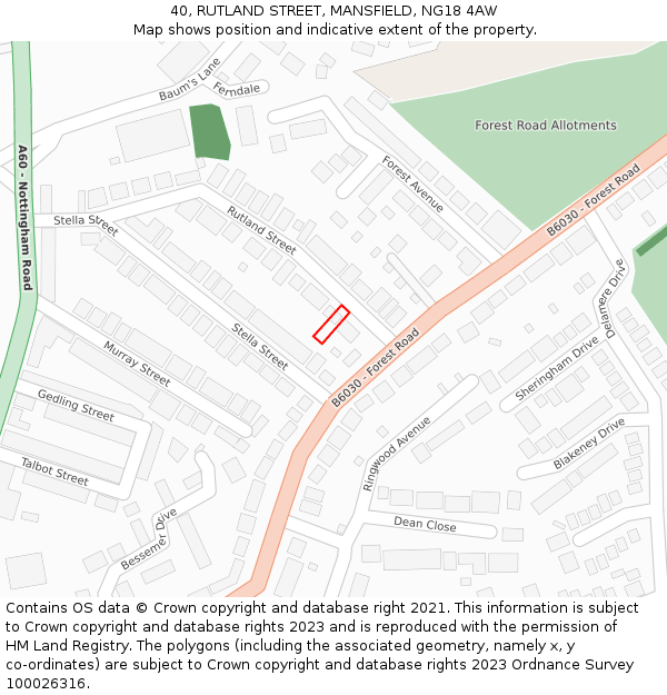 40, RUTLAND STREET, MANSFIELD, NG18 4AW: Location map and indicative extent of plot