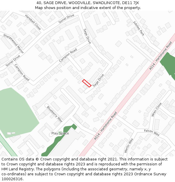 40, SAGE DRIVE, WOODVILLE, SWADLINCOTE, DE11 7JX: Location map and indicative extent of plot