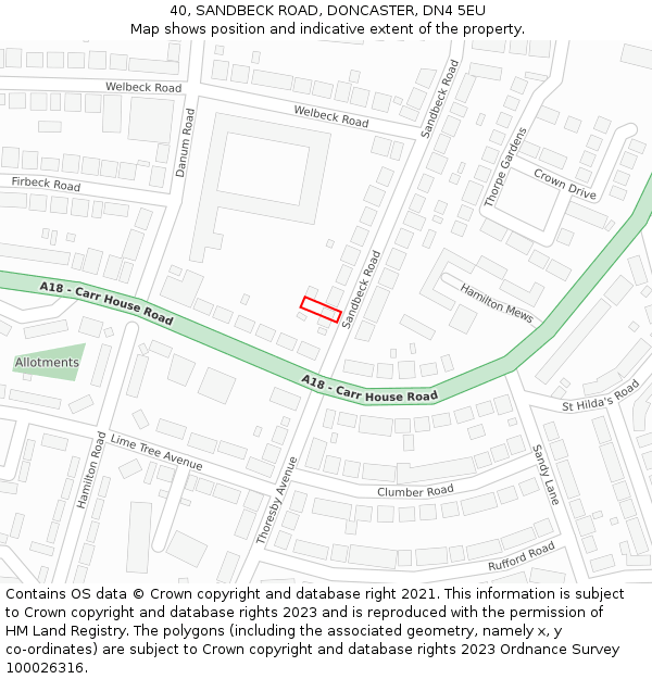 40, SANDBECK ROAD, DONCASTER, DN4 5EU: Location map and indicative extent of plot