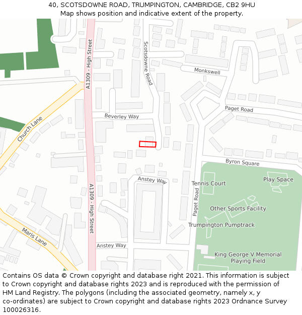 40, SCOTSDOWNE ROAD, TRUMPINGTON, CAMBRIDGE, CB2 9HU: Location map and indicative extent of plot