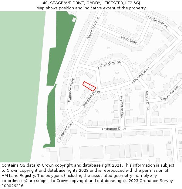 40, SEAGRAVE DRIVE, OADBY, LEICESTER, LE2 5GJ: Location map and indicative extent of plot