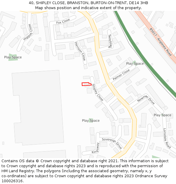 40, SHIPLEY CLOSE, BRANSTON, BURTON-ON-TRENT, DE14 3HB: Location map and indicative extent of plot