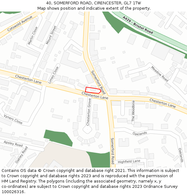 40, SOMERFORD ROAD, CIRENCESTER, GL7 1TW: Location map and indicative extent of plot