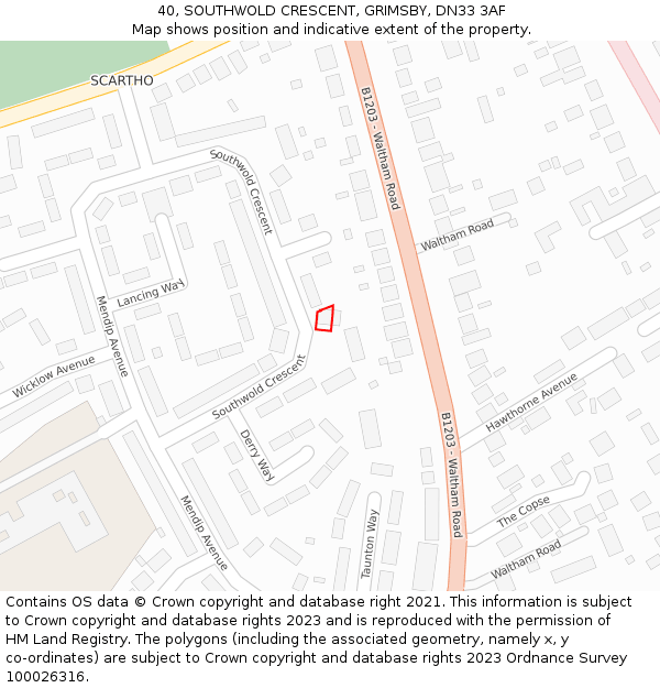 40, SOUTHWOLD CRESCENT, GRIMSBY, DN33 3AF: Location map and indicative extent of plot