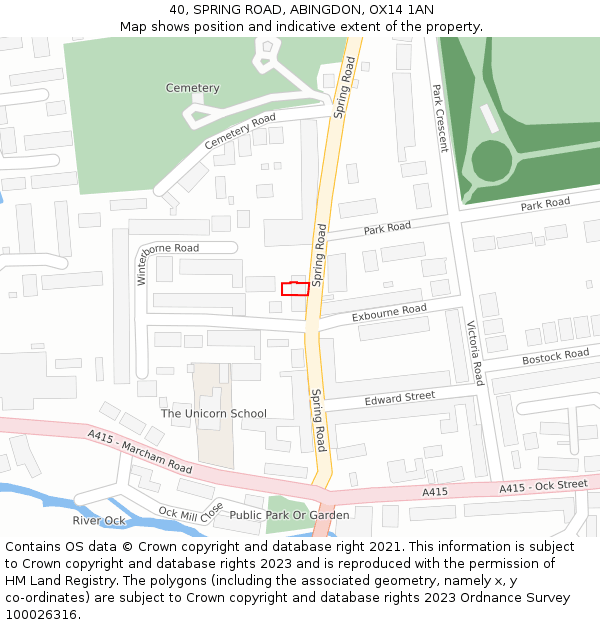 40, SPRING ROAD, ABINGDON, OX14 1AN: Location map and indicative extent of plot