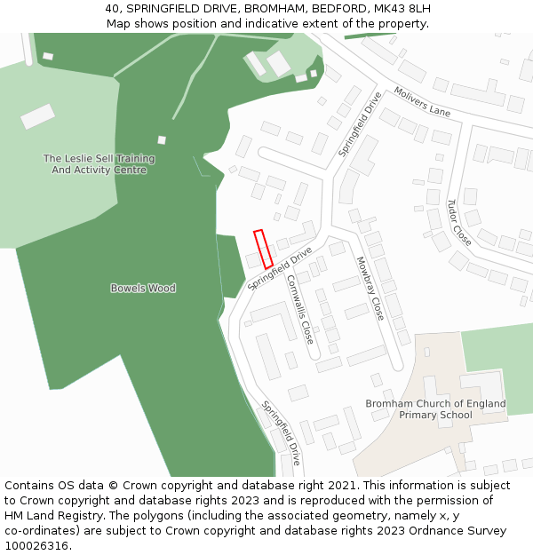 40, SPRINGFIELD DRIVE, BROMHAM, BEDFORD, MK43 8LH: Location map and indicative extent of plot