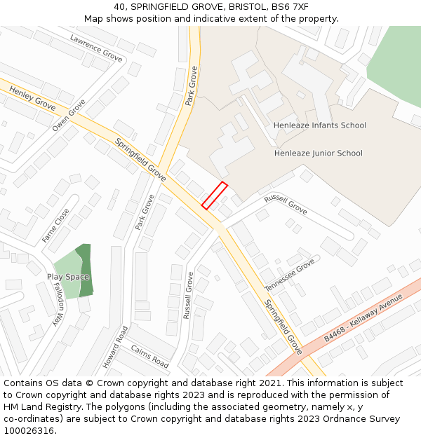 40, SPRINGFIELD GROVE, BRISTOL, BS6 7XF: Location map and indicative extent of plot