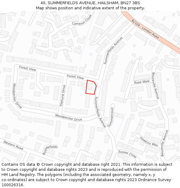 40, SUMMERFIELDS AVENUE, HAILSHAM, BN27 3BS: Location map and indicative extent of plot