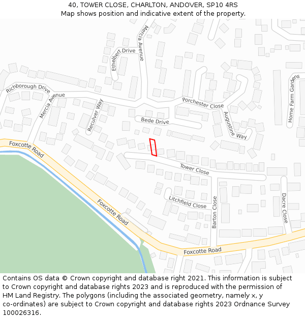 40, TOWER CLOSE, CHARLTON, ANDOVER, SP10 4RS: Location map and indicative extent of plot