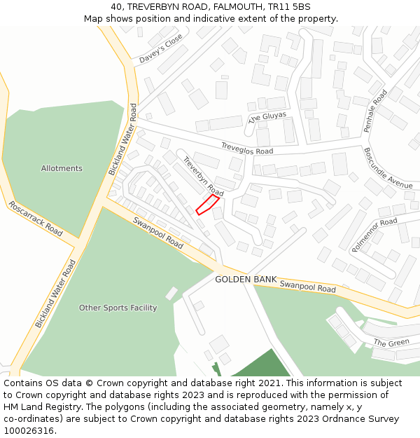 40, TREVERBYN ROAD, FALMOUTH, TR11 5BS: Location map and indicative extent of plot
