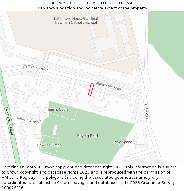 40, WARDEN HILL ROAD, LUTON, LU2 7AF: Location map and indicative extent of plot