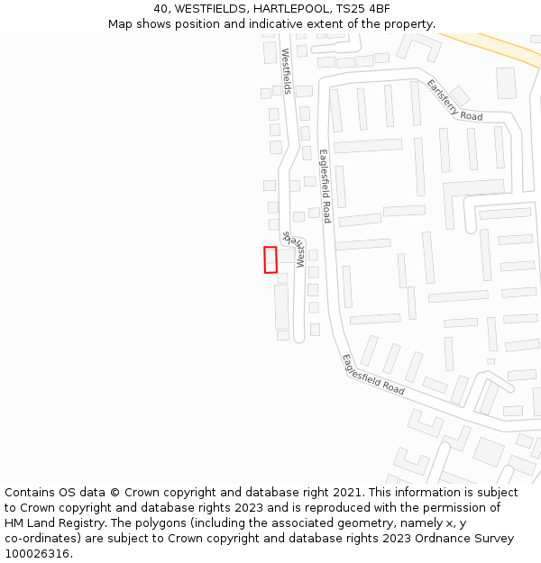 40, WESTFIELDS, HARTLEPOOL, TS25 4BF: Location map and indicative extent of plot