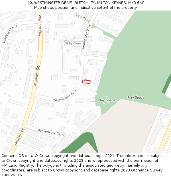 40, WESTMINSTER DRIVE, BLETCHLEY, MILTON KEYNES, MK3 6NP: Location map and indicative extent of plot
