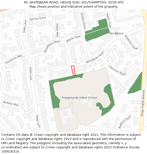 40, WHITEBEAM ROAD, HEDGE END, SOUTHAMPTON, SO30 0PZ: Location map and indicative extent of plot