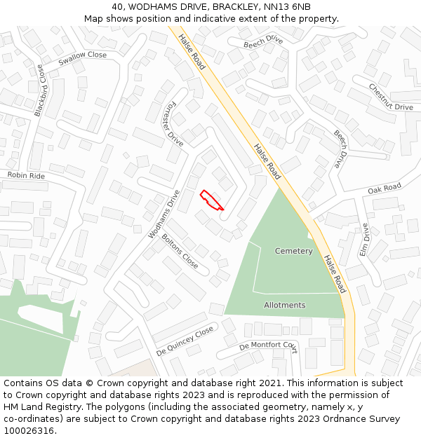 40, WODHAMS DRIVE, BRACKLEY, NN13 6NB: Location map and indicative extent of plot