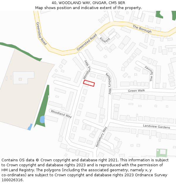 40, WOODLAND WAY, ONGAR, CM5 9ER: Location map and indicative extent of plot