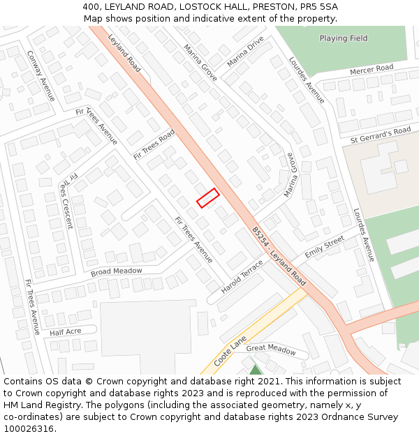 400, LEYLAND ROAD, LOSTOCK HALL, PRESTON, PR5 5SA: Location map and indicative extent of plot
