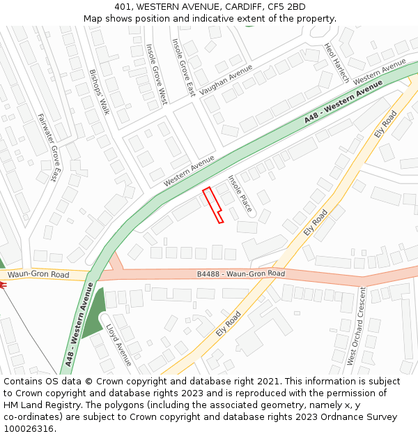 401, WESTERN AVENUE, CARDIFF, CF5 2BD: Location map and indicative extent of plot