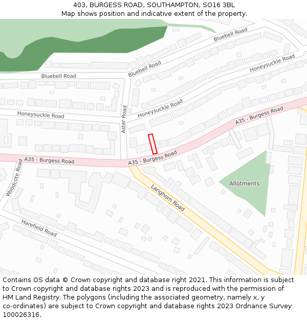 403, BURGESS ROAD, SOUTHAMPTON, SO16 3BL: Location map and indicative extent of plot