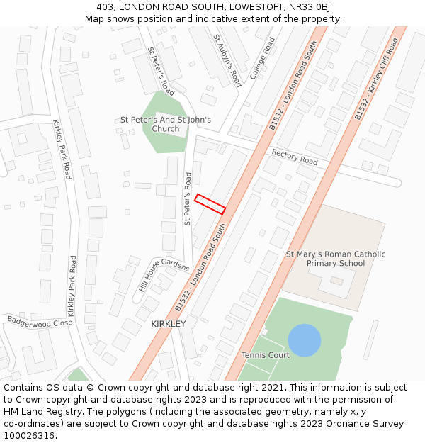 403, LONDON ROAD SOUTH, LOWESTOFT, NR33 0BJ: Location map and indicative extent of plot