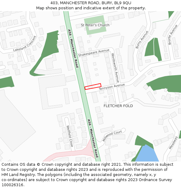 403, MANCHESTER ROAD, BURY, BL9 9QU: Location map and indicative extent of plot