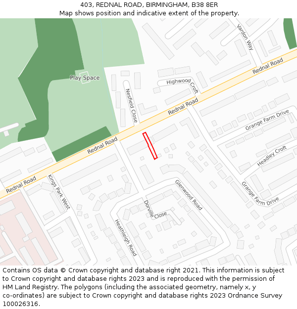 403, REDNAL ROAD, BIRMINGHAM, B38 8ER: Location map and indicative extent of plot