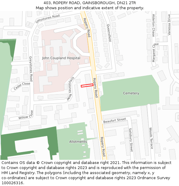 403, ROPERY ROAD, GAINSBOROUGH, DN21 2TR: Location map and indicative extent of plot