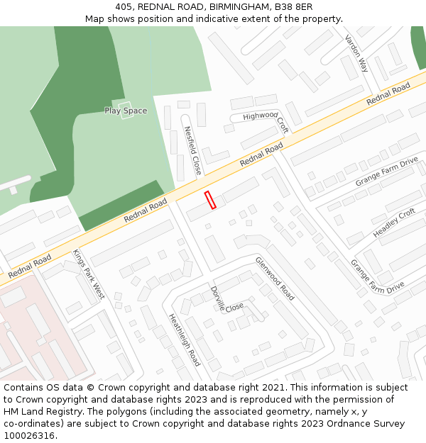 405, REDNAL ROAD, BIRMINGHAM, B38 8ER: Location map and indicative extent of plot